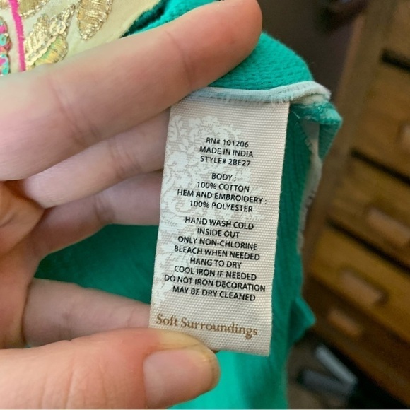 [Soft Surroundings] Aqua Green/Blue Beaded Embroidered Boho 3/4 Sleeve Top - Picture 8 of 8